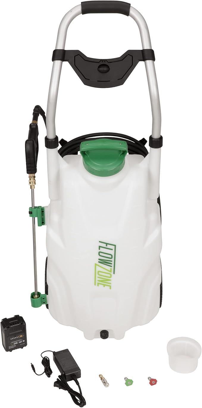 FlowZone Monsoon 2.5 Battery Powered Backpack Sprayer - Variable-Pressure 5-Position Wheeled Lawn Sprayer - 9 Gallon