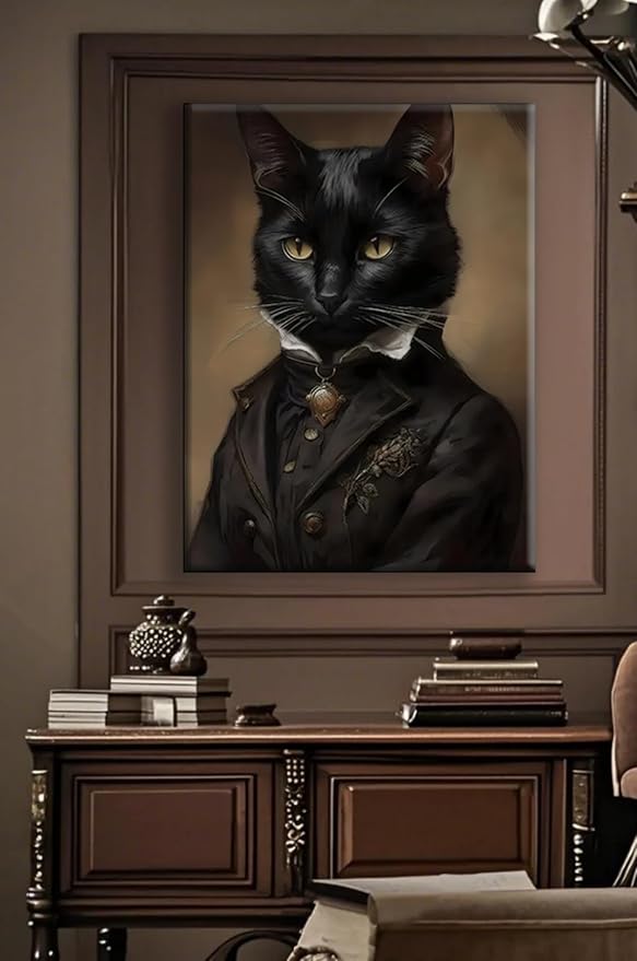 Black Cat Canvas Framed Wall Art Poster 11.5x15 Inch - Gothic Bathroom Decor, Dark Academia Home & Room Wall Decor Posters for Apartment, Cat Lover Gifts, Halloween Decorations