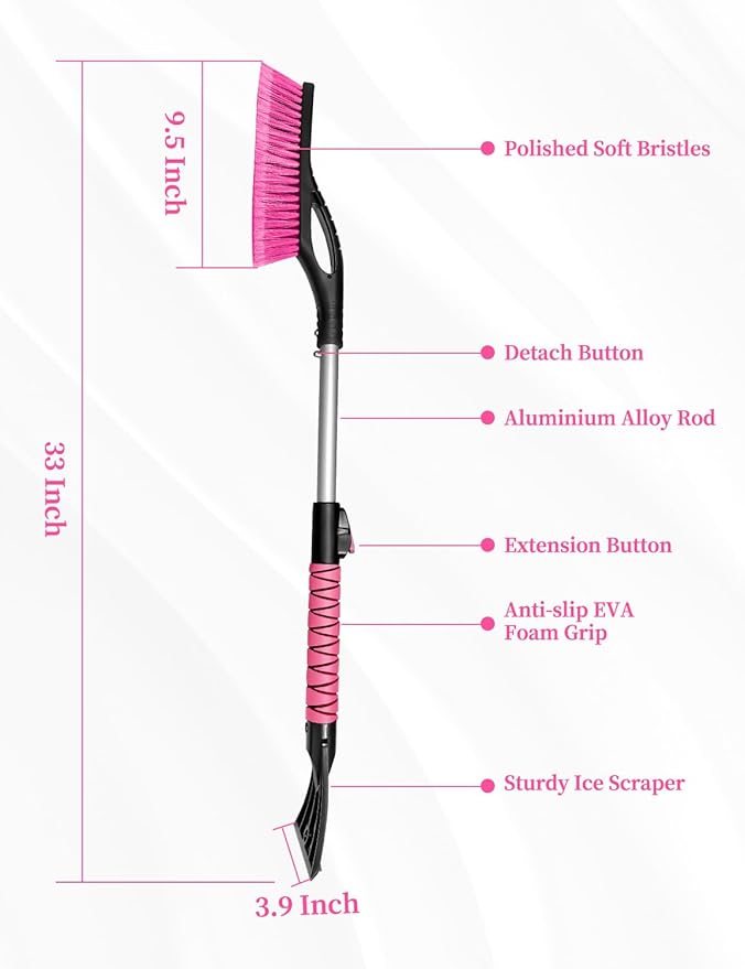 HEEYA Ice Scraper and Brush for Car, Extendable Snow Brush and Ice Scraper for Car Windshield Window, Car Snow Scraper and Brush with Foam Grip for SUV Truck Automobile Vehicle - Pink