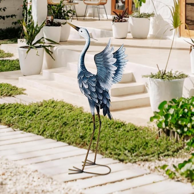 37 Inch Blue Heron Metal Yard Art, Garden Sculpture Spreading Wings for Patio, Lawn, and Backyard