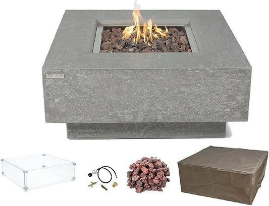 Elementi Manhattan Gas Fire Pit Cast Concrete Fire Table, Outdoor Fire Pit Electronic Ignition | Canvas Cover, Lava Rock Included | Free AMS Wind Guard | Light Gray (Propane Gas)