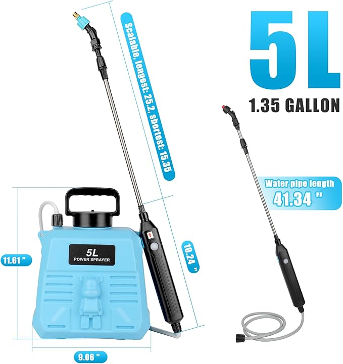 Battery Powered Sprayer 1.35 Gallon, Electric Garden Sprayer with 3 Mist Nozzles,Retractable Wand, Adjustable Strap for Lawn, Garden, Yard (Blue)