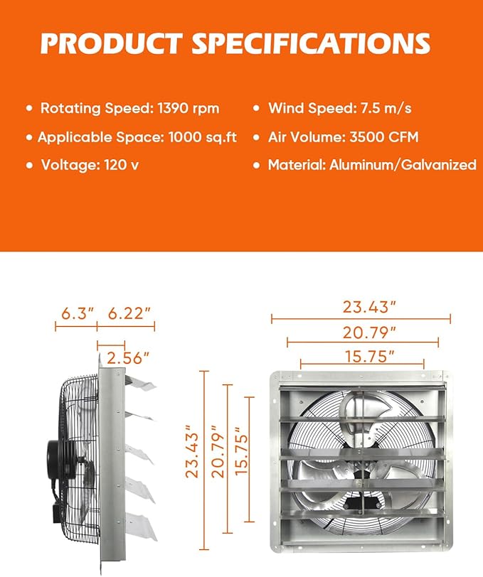 JVO 20 Inch Shutter Exhaust Fan 3500 CFM High Velocity 5.4 Ft Power Cord, Automatic Shutters, Steel Blades, ETL Listed - for Garage, Shop,Greenhouse, Attic, Workshop, Basement & Industrial Ventilation