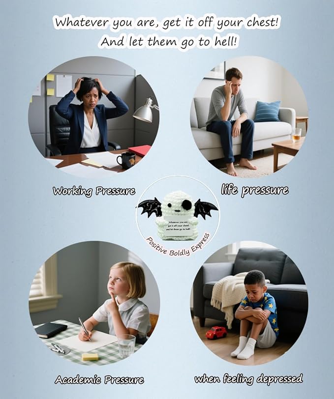 2 Packs Cute Decor for Men Women Kids, Positive Crochet Animals Emotional Support Handmade Mini Ghost Dolls with Positive Cards Halloween Basket Stuffers for Desk Home Decor