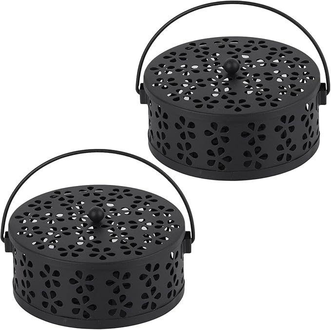Portable Iron Mosquito Coil Holder with Handle Round Heat-Resistant Incense Holder for Home Office Camping (2Pack Black)