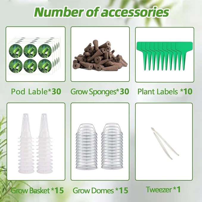 101pcs Hydroponic Pods Kit - Grow Anything Seed Pods with 30 Grow Sponges, 30 Labels, 15 Grow Baskets & Domes 10 Plant Tags and 1 tweezer | Fits Most Indoor Gardening Planting Systems