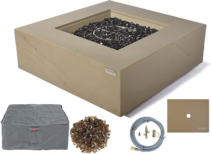 Elementi+ | Uluru Gas Fire Pit Cast Concrete 40" Square Fire Table, Outdoor Fire Pit Electronic Ignition | Canvas Cover, Fire Glass and Burner Lid Included | Sunlight Yellow | Natural Gas