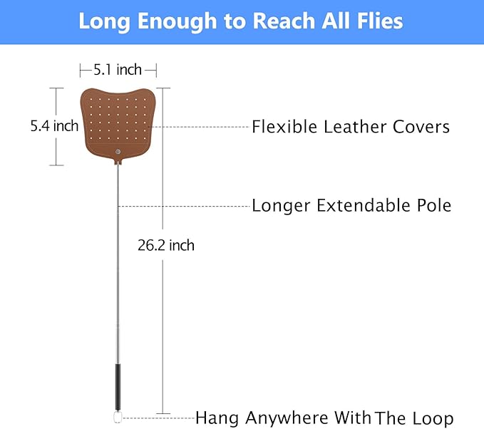 Foxany Telescopic Fly Swatters Heavy Duty Set, Leather Fly Swatter with Extendable Long Handle, Flexible Manual Flyswatter for Indoor Outdoor, 2 Pack