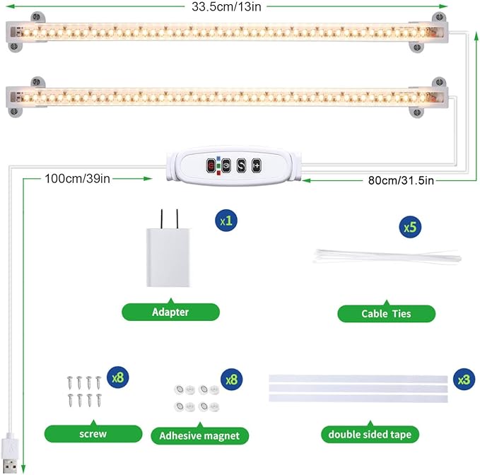 LED Grow Light Strips, 13 Inches Grow Lights for Indoor Plants Full Spectrum 3500K, 96 LEDs Plant Light with 3/9/12H Timer, 10 Dimmable Levels for Seedling Succulent, 2 Head