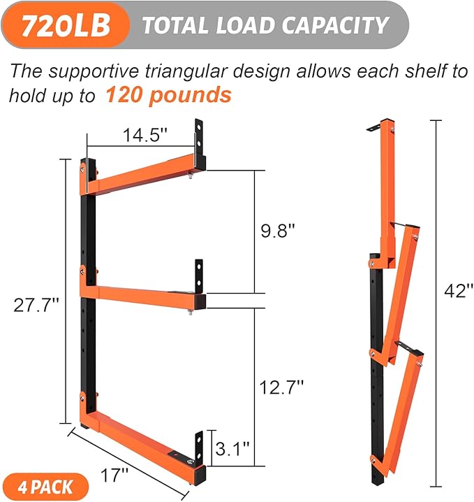 27" Lengthened Lumber Storage Rack Wall Mount, 6-Hole Adjustable Wood Organizer Folding Lumber Storage Metal Rack Outdoor Indoor(4 Pack)