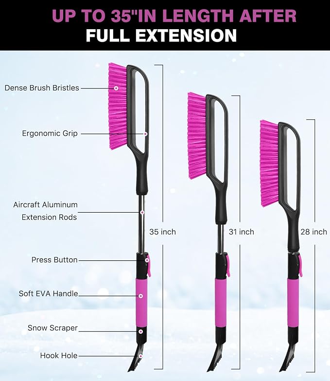 YeewayVeh 35 inch Snow Brush and Ice Scraper for Car Windshield, Extendable Snow Brush for Car with Soft Grip & Additional Handhold, 2 in 1 Detachable Snow Scraper for Car Truck SUV Vehicle, Magenta