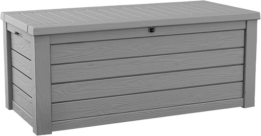 Keter Westwood 150 Gallon Resin Large Outdoor Storage Box for Patio Furniture, Outdoor Cushions, Garden Tools and Pool Floats, Light Grey