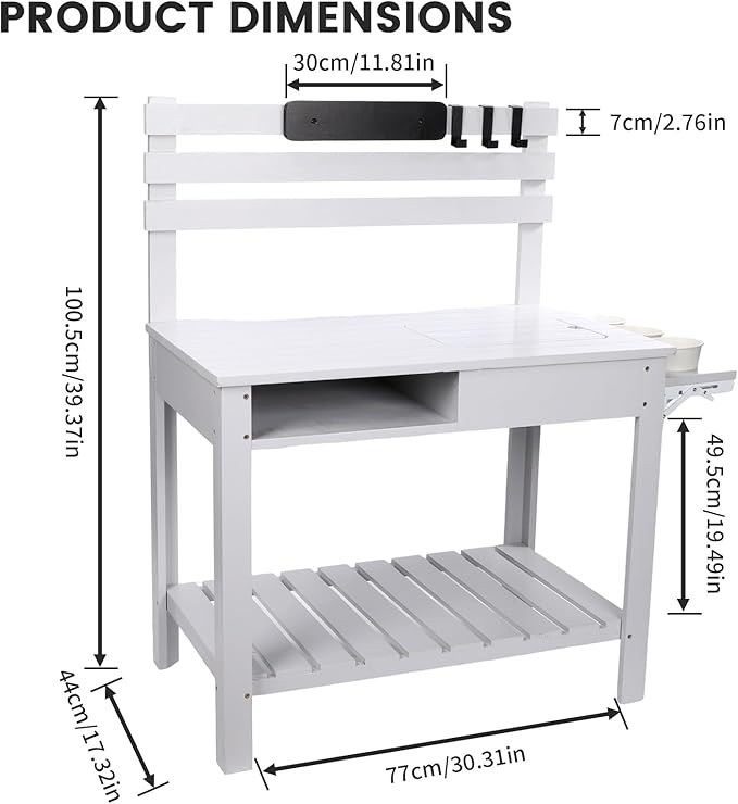 Kids Potting Bench Table Outdoor Garden Table Wooden Work Station Outdoor Garden Work Bench Platform with 3 Side Hook Shelf Natural Wood White Grey Gift for Boys Girls