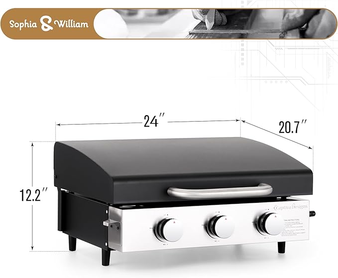 Sophia & William 22" Flat Top Grill with Lid & Ceramic Coated Cast Iron Pan, 3-Burner Portable Tabletop Gas Propane Griddle for Outdoor, BBQ, Camping & Tailgating Barbecue, 24,000 BTU