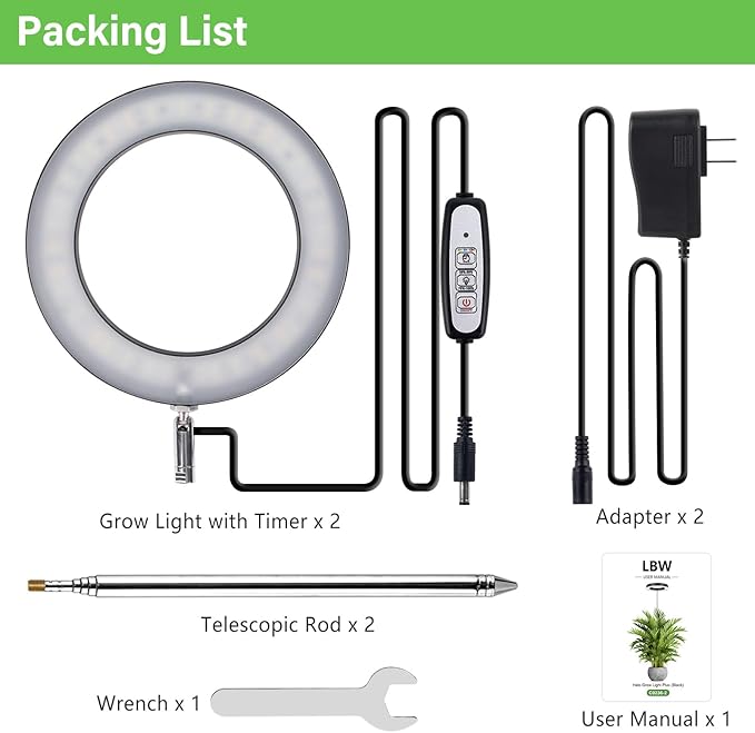 LBW Grow Lights for Large Indoor Plants, 144 LEDs Full Spectrum Plant Light, Growing Lamp with 4 Dimmable Levels, 4/8/12H Timer, 59in Height Adjustable, Halo Plant Lamp for Tall Plants, Black, 2 Pack