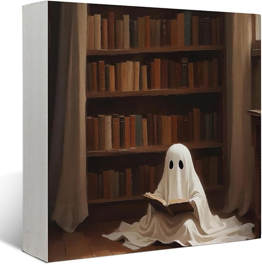 Mtrgdn Cute Halloween Decor,Halloween Decorations Indoor,Ghost Reading Desk Decor Wooden Box Sign,Halloween Home Office Kitchen Bathroom Bedroom Coffee Bar Table Shelf Wall Decorations,5x5 Inch
