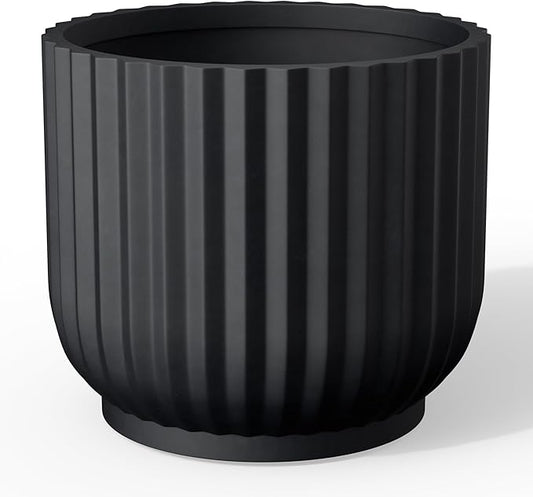 Kante Round Fulted Planter, 14 Inch Dia Large Concrete Plant Pots with Drainage Hole and Rubber Plug, Modern Decor for Indoor Outdoor Plants, Flower, Black