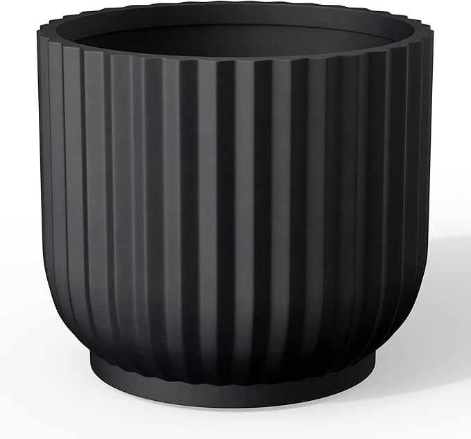 Kante Round Fulted Planter, 16.7 Inch Dia Large Concrete Plant Pots with Drainage Hole and Rubber Plug, Modern Decor for Indoor Outdoor Plants, Flower, Black