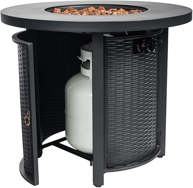 30'' Round Propane Fire Pit Table, 50,000 BTU Steel Gas FirePit for Outdoor, Fire Table with Lid, Add Warmth & Ambience to Gatherings and Parties On Patio Deck Garden Backyard, Black.