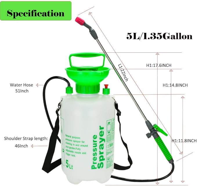 1.3Gal/5L Garden Sprayer, Pressurized Water Spray Bottle with Adjustable Shoulder Strap Pump Pressure Sprayer (Green-5L)