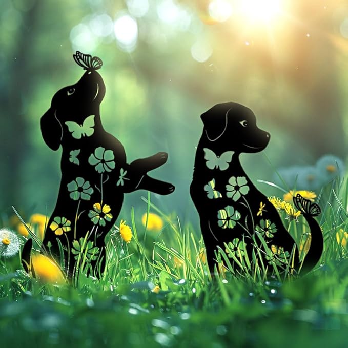 Dog Garden Decor for Outside, 17" Puppy Metal Decorative Garden Stakes, Rust Proof & Weather-Resistant Yard Art Gifts for Dog Lovers, Black Labrador Silhouette Yard Decorations Outdoor Décor