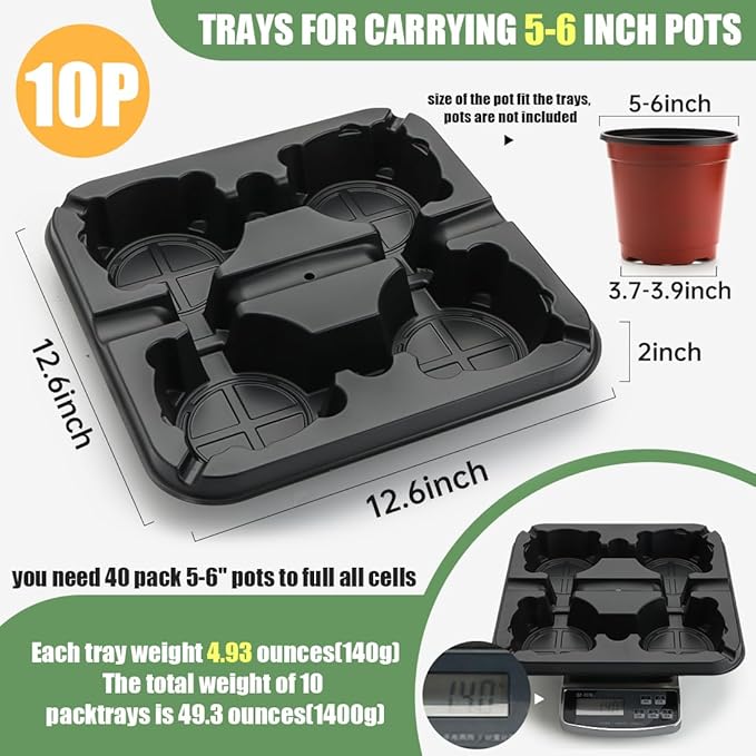 4 Cell Round Nursery Pot Trays for 5-6 Inch Pots, Thickened Sturdy Seedling Pot Shuttle Tray, Durable Nursery Pots Carrying Tray for Holding 5-6 inch Plastic Plant Pots (12.6" Square, 10-Pack)
