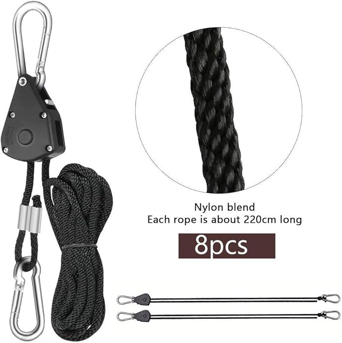 4 Pairs 1/8 Inch Adjustable Heavy Duty Ratchet Hanger Grow Light Fixtures Rope Clip Hangers Hanging Ropes for Gardening Grow Plant Fan Reflectors Filter Tent,150lbs Weight Capacity