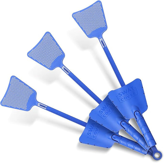Improved Fly and Bug Swatter w/Integrated Cover, Flexible Bug Smasher for Flies and Bugs Swatting, Surface-Friendly Design, Adjustable Racket Handle - Fly Swatter for Indoors (Pack of 3)