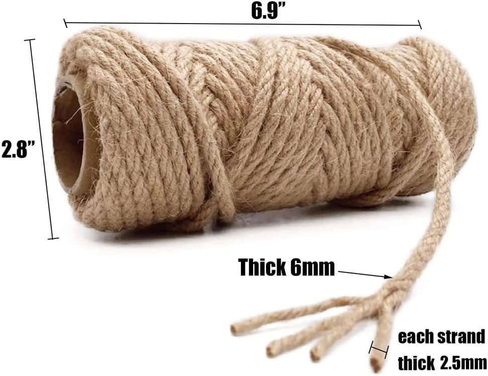 Leecogo 6mm Jute Rope, 66 Feet 4 Ply Heavy Duty and Thick Twine Rope for Gardening, Crafting, Packing, Bundling and Home Decor