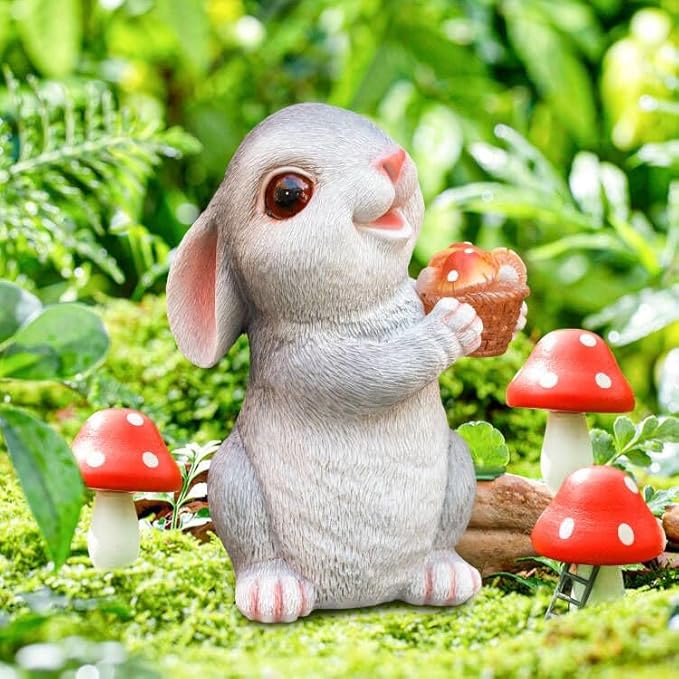 Solar Rabbit Garden Statues Outdoor Bunny Decor Resin Bunny Figurine Holding Mushroom with LED Lights for Porch Patio Lawn Yard Housewarming Gardening Gifts for Mom Grandma