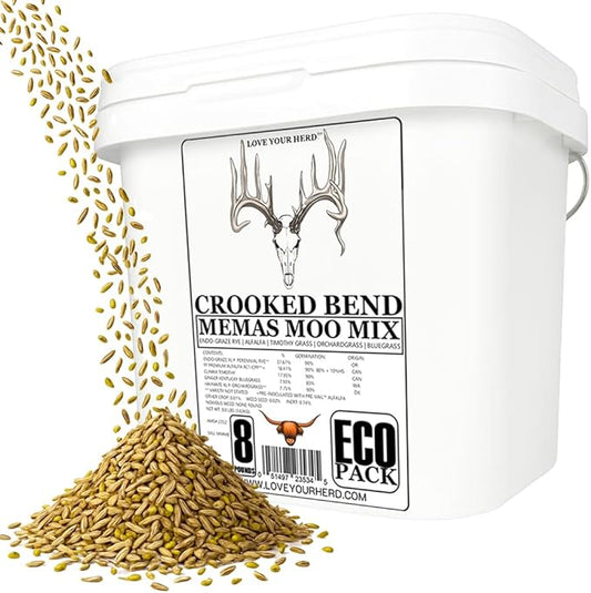 Memas Moo Mix, 8LB EcoPack, Farm Pasture Seed Blend for Horse, Cattle, Pig, Goat, Chicken, Duck, Sheep & Livestock, Grow Alfalfa & Perennial Grasses Fields, Graze Resistant, Cold Tolerant