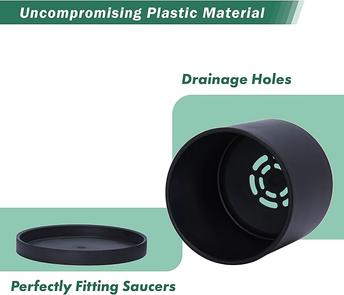 D'vine Dev 2 Pack 4 Inch Modern Plastic Plant Pots, Small Garden Planters for Plant with Drainage Holes and Saucers, Black Color, 74-Y-E-1