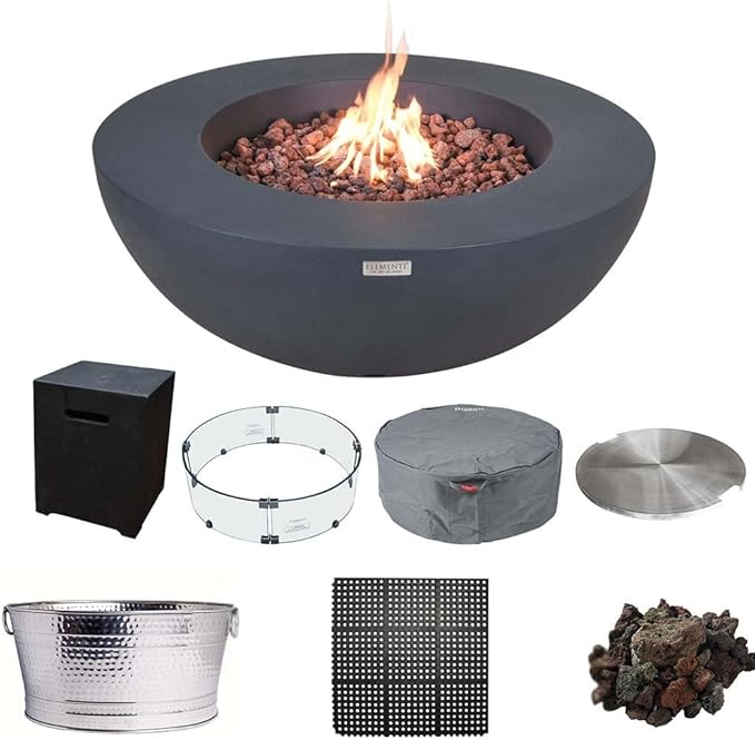 Elementi Lunar Bowl Dark Grey Fire Pit Bundle Includes 42” Propane Concrete Firepit, Glass Windscreen, Stainless Steel Cover, Tank & Canvas Cover, Floor Mat and Beverage Tub