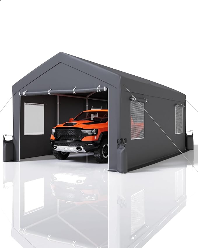 12' x 20' Ft Heavy-Duty Carport, Portable Garage, 180g PE Waterproof Canopy and 8 x 1.0 mm Poles for Full-Size Pickup Trucks, Boats, and SUVs - Gray