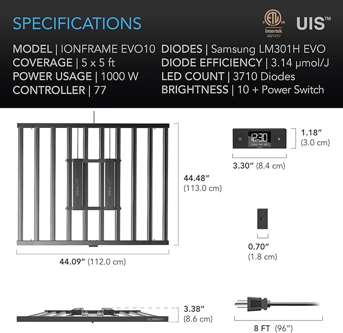 AC Infinity IONFRAME EVO10, Samsung LM301H EVO Bar LED Grow Light 5x5, 3710 Diodes, with Schedule Controller, 1000W Full-Spectrum Commercial Plant Lights for Indoor Growing in Grow Rooms & Greenhouses