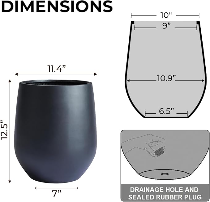 12.5"H x 11.4"D Corso Fiberstone Round Tapered Planter with Drainage Hole, Smooth Finishes, Weather Resistant for Indoor and Outdoor Use, Included 2 Extra Coco Mats (Black, 9" Pot Opening)
