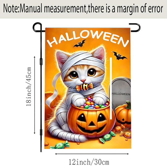 Halloween Garden Flag 11.81 x 17.72 Inch Cute Kitten in Mummy Costume with Pumpkin Candy Bucket Bats and Gravestone Outdoor Yard Decoration for Holiday Party