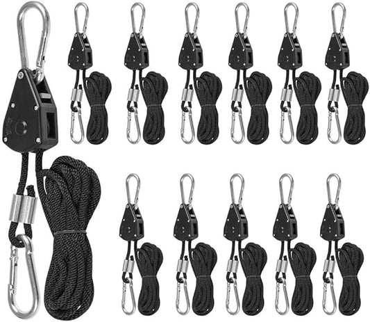 6 Pairs 1/8" Heavy Duty Ratchet Hangers, Adjustable Rope Hangers, Grow Light Rope Hangers for Grow Plant Fan Filter Light Room Equipment, 150 LB Capacity per Pair