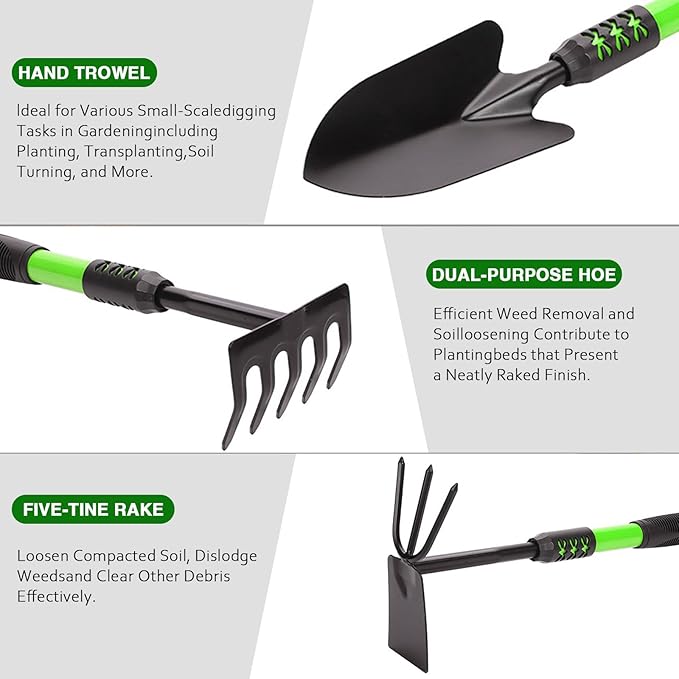Garden Tools Set, 3 Pack Heavy Duty Gardening Tools Set Include Garden Shovel, Transplant Trowel and Hand Rake with Ergonomic Handle, Aluminum Alloy Lawn for Planting, Green