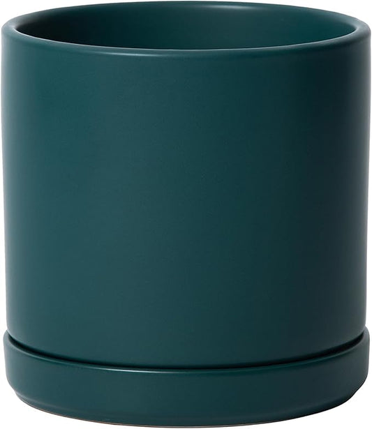 D'vine Dev 6 Inch Ceramic Planter Pot with Drainage Hole and Saucer, Indoor Cylinder Round Planter Pot, Teal, 94-O-C-9