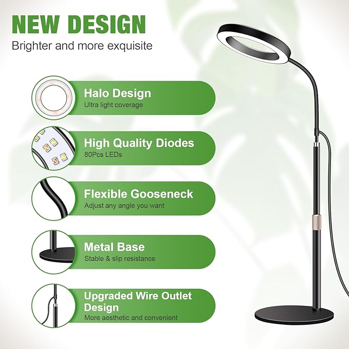 Garpsen Grow Lights for Indoor Plants, 80 LEDs Full Spectrum Desk Plant Light with Timer for 6H/12H/16H, 5 Dimmable Levels & Flexible Gooseneck 6000K Grow Lamp with Base, Height Adjustable 16.5-25"