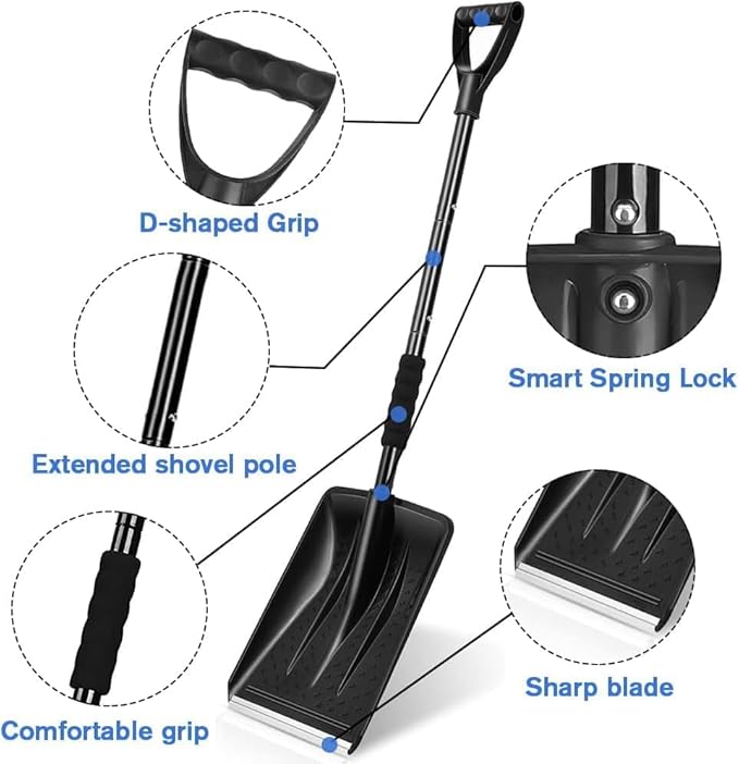 Snow Shovel 2026 Upgrade, Large-Capacity Lightweight Aluminum Portable Shovel for Parent-Child Snow Playing, Garden, Car & Camping with Extra Ice Scraper (Black)