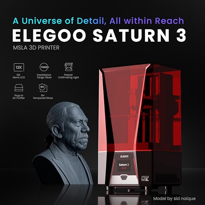 ELEGOO Saturn 3 MSLA 12K 3D Printer, Desktop Resin 3D Printer with 10-Inch Monochrome LCD, Voxeldance Tango Slicer, Large Printing Size of 8.62x4.84x9.84 inches