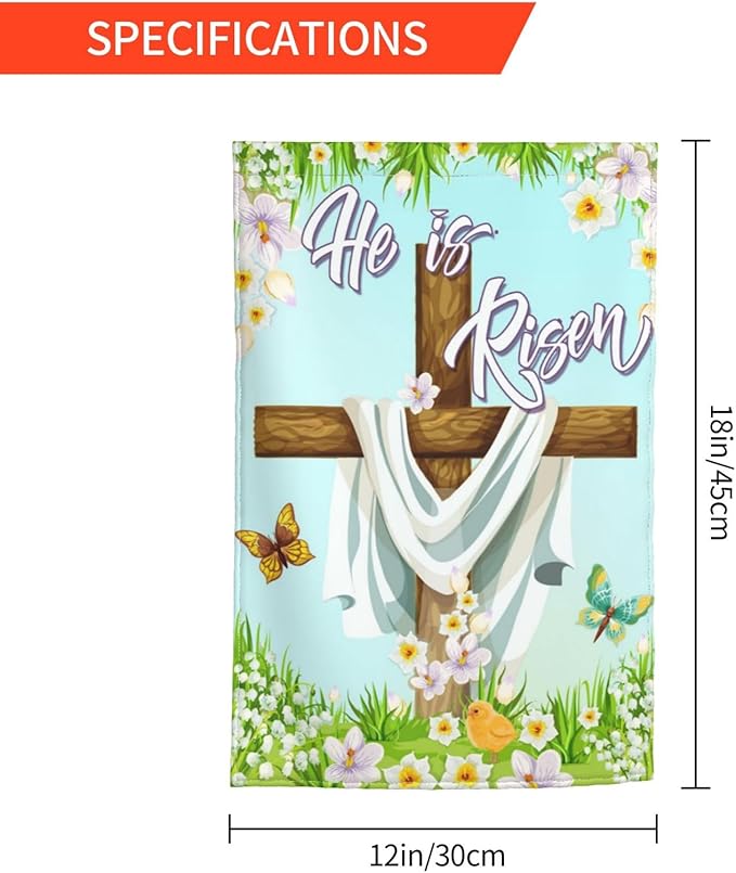 Christian Easter He Is Risen Cross Spring Garden Flag Welcome Party Outdoor Outside Decorations Picks Home House Garden Yard Decor 12x18 Inch
