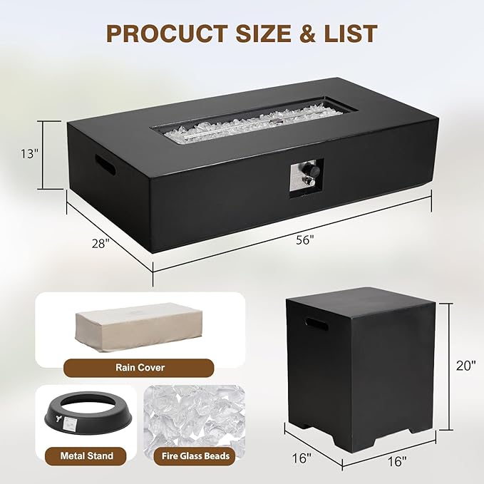 2-Piece Outdoor Propane Fire Pit Table Set – Premium Marble-Like MgO Finish, 56-Inch Gas Fire Table with Tank Table for Patio, Garden & Backyard, Includes Rain Cover & Glass Beads