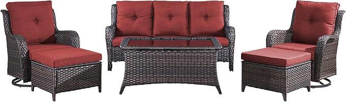 Wicker Outdoor Conversation Set-6 Pieces Outdoor Wicker High Back Couch with Swivel Rocker Chairs Patio Furniture for Deck Poolside Backyard-Brown/Red