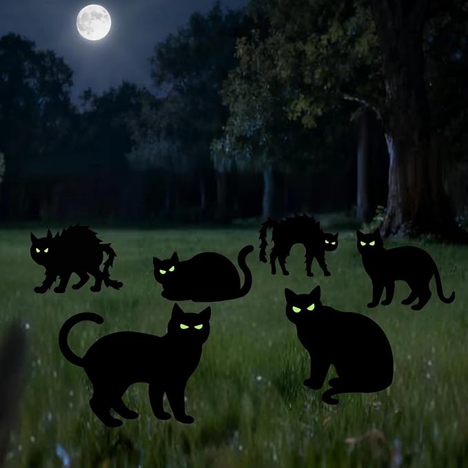 6 Pcs Black Cat Yard Signs with Night-Shining Eyes,Spooky&Scary Decor for Outdoor Lawn Garden Halloween