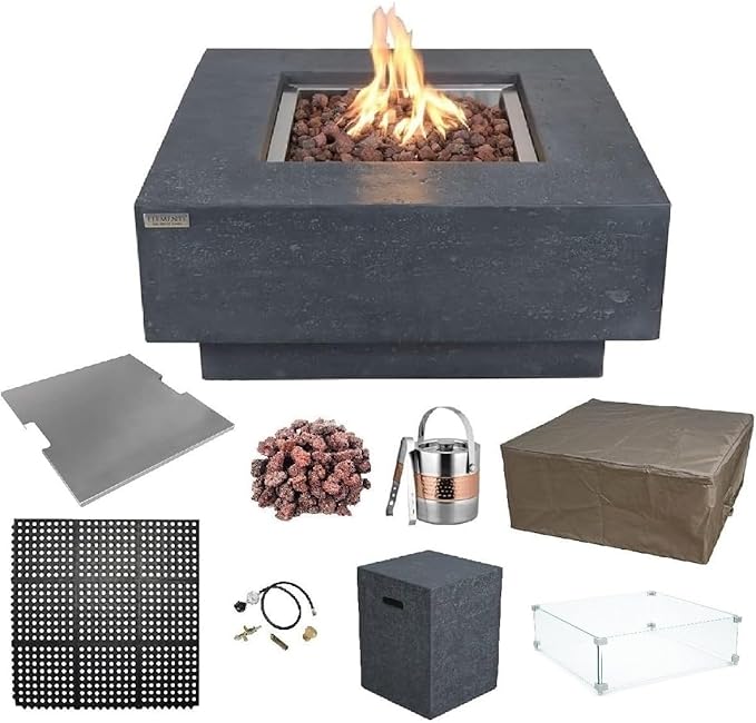 Elementi Manhattan Gas Fire Pit Bundle Concrete Fire Table, Outdoor Fire Pit Electronic Ignition | Canvas Cover, Lava Rock Included | Free AMS Wind Guard | Dark Gray (Propane Gas)