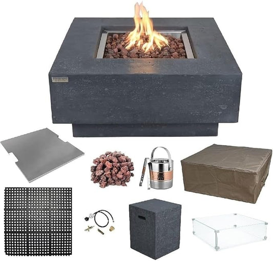 Elementi Manhattan Gas Fire Pit Bundle Concrete Fire Table, Outdoor Fire Pit Electronic Ignition | Canvas Cover, Lava Rock Included | Free AMS Wind Guard | Dark Gray (Propane Gas)