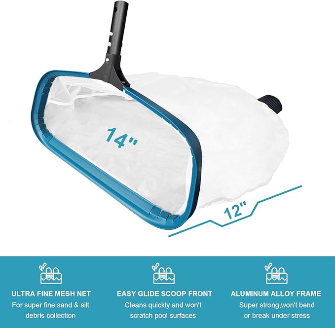 POOLWHALE 14" Pool Pollen Net - Pool Skimmer Net Rake, Strong Aluminum Frame, Ultra Fine Mesh Nets for Cleaning & for Sand, Silt, Leaves, Remove The Finest Debris